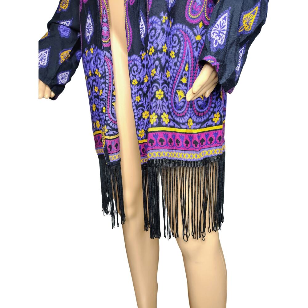 1980s Boho Fringe Floral Fan Motif Open Front Lightweight Jacket Coverup Size L